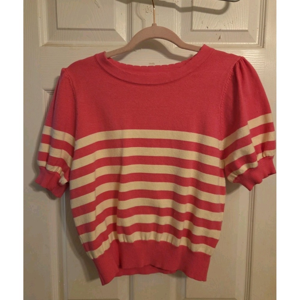 cropped Entro knit short sleeve sweater crew neck Puff Sleeves Pink & White M